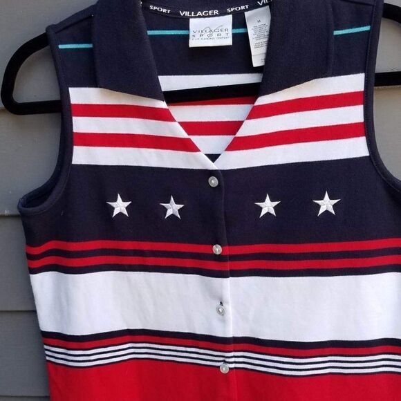 Villager Knit Red/White/Blue Button Down Top Size Medium Like New - Picture 7 of 7
